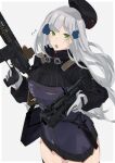  1girl :o artist_name assault_rifle bag bangs beret black_skirt breasts eyebrows_visible_through_hair feet_out_of_frame girls&#039;_frontline gloves green_eyes gun h&amp;k_hk416 hair_between_eyes hair_ornament hairclip hat highres hk416_(girls&#039;_frontline) holding holding_bag holding_gun holding_weapon jacket knife_holster long_hair looking_at_viewer medium_breasts open_mouth rifle silver_hair skirt solo standing sutekina_awa tactical_clothes teardrop_facial_mark teardrop_tattoo weapon white_background white_gloves 