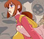  blue_eyes blush bottomless breasts brown_hair cape cl-55 daiku doggystyle erect_nipples hair_tie hetero long_sleeves lowres mecha nipples open_mouth out_of_frame ponytail sentou_mecha_xabungle sex shirt_lift small_breasts sweat turtleneck virin_nada 