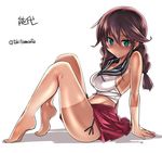  arm_support bare_legs barefoot blue_eyes blush braid breasts brown_hair crop_top feet jpeg_artifacts kantai_collection large_breasts legs long_hair looking_at_viewer midriff navel noshiro_(kantai_collection) school_uniform sideboob sitting solo tan tanline tokita_monta twin_braids 