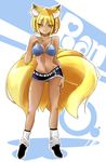  animal_ears belt bikini_top blonde_hair breasts character_name collarbone commentary_request contemporary contrapposto dark_skin denim denim_skirt eyelashes fingernails fox_ears fox_tail full_body gokuu_(acoloredpencil) groin hand_on_own_chest hand_on_thigh heart highres large_breasts leg_warmers licking_lips looking_at_viewer microskirt multiple_tails nail_polish panties pantyshot pantyshot_(standing) short_hair skirt skirt_lift slit_pupils solo standing tail tan tongue tongue_out touhou underwear yakumo_ran yellow_eyes 