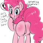  ! alittlepony back_turned blue_eyes blush equine female friendship_is_magic fur hair hooves horse looking_at_viewer looking_back mammal my_little_pony pink_fur pink_hair pinkie_pie_(mlp) plain_background pony presenting pussy raised_tail smile solo text 