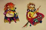  2boys armor axe boo_(one_piece) cape chibi dressrosa hair_over_one_eye multiple_boys one_piece pants polearm ruff ryu-911 ryu_911 sai_(one_piece) striped striped_pants stripes tattoo topless weapon 