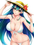  adjusting_clothes adjusting_hat aqua_hair bangle bare_shoulders bikini bracelet breasts cleavage collarbone covered_nipples cowboy_shot flower front-tie_bikini front-tie_top hair_between_eyes hair_ornament hairclip hat hat_flower hibiscus jewelry kantai_collection large_breasts long_hair looking_at_viewer navel smile solo strap_gap sun_hat suzuya_(kantai_collection) swimsuit very_long_hair white_background white_bikini yellow_eyes yukisaki_miale 