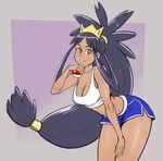  1girl alternate_hairstyle brown_eyes crop_top crown dark_skin iris_(pokemon) izra long_hair nintendo older poke_ball pokeball pokemon pokemon_(anime) pokemon_(game) pokemon_bw ponytail purple_hair short_shorts shorts smile solo tiara very_long_hair 