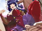  1girl 3boys bangs breasts censored clothed_female_nude_male crotchless dead_or_alive gangbang group_sex handjob large_breasts multiple_boys nyotengu penis purple_eyes purple_hair raburebo sex solo_focus sweat tongue vaginal wings 