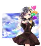  bad_id bad_pixiv_id balloon bare_shoulders black_dress black_hair blue_eyes crescent_moon dress earrings hair_ornament heart heart_balloon jewelry long_hair looking_at_viewer moon original shisaki_tayu sky smile solo star star_hair_ornament 