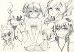  arrancar bleach blush eyes_closed ggio_vega grin hollow_hole kuchiki_rukia kuna_mashiro lilynette_gingerbuck mebuti monochrome navel sketch smile tears tsumugiya_ururu twintails wavy_mouth 