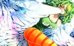  1374597 1girl breasts cleavage donquixote_pirates eyes_closed green_hair harpy long_hair monet_(one_piece) monster_girl one_piece solo striped striped_legwear wings 