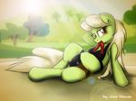  amber_eyes anthro bedroom_eyes blonde_hair clothing equine female friendship_is_magic fur granny_smith_(mlp) green_fur hair hooves horse jcoshooves long_hair looking_at_viewer mammal my_little_pony outside pony presenting solo younger 