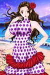  1girl bad_anatomy beach breasts brown_hair dress earrings female flower hair_flower hair_ornament huge_breasts impossible_clothes impossible_dress jewelry lipstick long_hair looking_at_viewer makeup mariel-nymphaea-f ocean one_piece outdoors red_eyes red_lipstick skin_tight solo viola_(one_piece) violet_(one_piece) water 