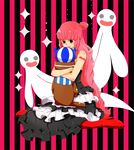  1girl bat_(symbol) dress ghost high_heels lolita_fashion long_hair looking_at_viewer one_piece perona pink_hair red_legwear sitting smile tattoo very_long_hair wariza 