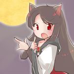  \m/ animal_ears bishoujo_senshi_sailor_moon blush blush_stickers brooch brown_hair collarbone dress full_moon fur imaizumi_kagerou jewelry layered_dress long_hair long_sleeves looking_at_viewer moon open_mouth parody pointing pointing_at_viewer red_eyes sailor_moon simple_background solo tail touhou tsuki_ni_kawatte_oshioki_yo uriah-oyu wolf_ears wolf_tail 