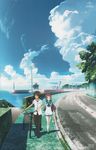  1girl absurdres arms_behind_back ascot bicycle black_hair blue_eyes brown_eyes brown_hair cloud crease day dock dress grass ground_vehicle highres huge_filesize kihara_tsumugu kneehighs lamppost long_hair mukaido_manaka nagi_no_asukara ocean official_art outdoors pants road sailor_collar sailor_dress scenery school_uniform serafuku shirt side-by-side sky walking watermark white_dress white_legwear white_shirt 