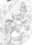  1girl :p boots crown greyscale long_hair looking_at_viewer midriff monochrome navel one_piece parasol perona sketch skirt striped striped_legwear tongue tongue_out twintails umbrella very_long_hair 