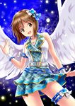  :d angel_wings belt bob_cut brown_eyes brown_hair check_my_note choker contrapposto cowboy_shot hagiwara_yukiho hair_ornament idolmaster idolmaster_(classic) idolmaster_one_for_all jewelry light_particles necklace open_mouth plaid plaid_skirt ponnetsu short_hair skirt sleeveless smile solo standing thigh_strap wings wrist_cuffs 