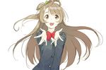  :d \||/ bad_id bad_twitter_id bangs blazer bow bowtie brown_hair green_bow grey_hair hair_bow jacket jpeg_artifacts long_hair long_sleeves looking_at_viewer love_live! love_live!_school_idol_project minami_kotori one_side_up open_mouth otonokizaka_school_uniform outstretched_arms pako red_bow red_neckwear ribbon school_uniform simple_background smile solo striped striped_bow striped_neckwear upper_body white_background yellow_eyes 