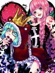  2girls aqua_eyes aqua_hair bare_shoulders bat_(symbol) braid breasts candy cape cleavage crown long_hair looking_at_viewer multiple_girls nanayorik_(kiula_moeta) one_piece perona pink_hair sugar_(one_piece) tattoo 