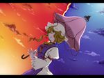  blonde_hair day day_and_night dress frilled_sleeves frills hat hat_ribbon letterboxed long_sleeves mm17 mob_cap night night_sky orange_sky parasol purple_sky red_sky ribbon sky split_image star_(sky) starry_sky tabard touhou twilight umbrella yakumo_yukari yellow_eyes 