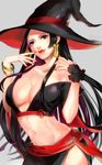  1girl black_hair boa_hancock bracelet breasts earrings fushi-kun_(prpky) hat jewelry lipstick long_hair looking_at_viewer lots_of_jewelry makeup midriff nail_polish navel one_piece red_lipstick red_nails solo very_long_hair witch_hat 