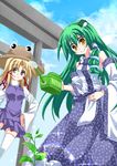  blonde_hair blue_eyes detached_sleeves fuji_tooya green_hair hair_tubes hand_on_hip kochiya_sanae long_hair moriya_suwako multiple_girls rainbow shared_bathing third_eye touhou watering watering_can white_legwear yellow_eyes 