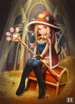  animal_ears bell brown_eyes brown_hair btraphen cape cat_ears crystal ears_through_headwear gloves hat leotard long_hair original pointing sitting smile solo staff sword tail thighhighs treasure treasure_chest weapon witch_hat 