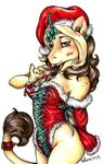  2003 aura_(artist) aura_(character) blonde_hair bow brown_eyes brown_hair candy_cane cape christmas corset ear_piercing equine hair hair_ornament holding holidays horn mammal mistletoe night_cap original piercing tail_ring two_tone_hair unicorn 