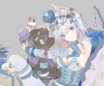  1girl animal_ears arm_warmers armband armlet bare_shoulders blue_bow blue_eyes blue_ribbon bow breasts buttons cake cat_ears choker cleavage corset crane crown cup drink drinking_straw fleur_de_lis flower food fork fruit fur_trim fuyuno_haruaki grey_background grey_rose hair_flower hair_ornament hair_ribbon hairband hat holding jewelry leaf long_hair lots_of_jewelry mini_crown open_mouth original price_tag purple_ribbon red_rose ribbon rose silver_hair simple_background solo straw strawberry stuffed_animal stuffed_toy teddy_bear top_hat wrecking_ball 