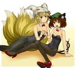  animal_ears bare_arms bare_shoulders black_legwear blonde_hair bow bowtie breasts cat_ears cat_tail chen choker cleavage covered_navel detached_collar fox_tail groin hands_together hat high_heels hinoyama_ena kittysuit leotard lips long_hair looking_at_viewer multiple_girls multiple_tails navel nekomata open_mouth pantyhose pillow_hat red_footwear red_ribbon ribbon shoes sitting small_breasts smile tail touhou wrist_cuffs yakumo_ran yellow_eyes 