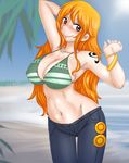  1girl bikini_top blush breasts brown_eyes cleavage gul-fuh large_breasts long_hair midriff nami nami_(one_piece) navel one_piece orange_hair outdoors smile solo standing 
