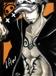  1boy aya character_name hat hat_over_one_eye male male_focus nodachi one_piece open_clothes open_shirt sheathed_sword shirt solo tattoo trafalgar_law 
