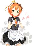  animal animal_on_head apron bad_id bad_nicoseiga_id blush cat cat_on_head cowboy_shot gloves green_eyes heart heart_hands hoshizora_rin karamoneeze love_live! love_live!_school_idol_project maid maid_headdress moe_moe_kyun! on_head paw_print pinstripe_pattern short_hair skirt solo striped waist_apron white_gloves 