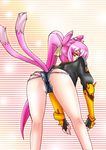  animal_ears ass ayu_minori bent_over blazblue blazblue:_chronophantasma bullet_(blazblue) bullet_(blazblue)_(cosplay) cat_ears cat_tail cosplay cutoffs fingerless_gloves from_behind glasses gloves hair_ribbon highres jacket kokonoe long_hair looking_back multiple_tails pince-nez pink_hair ribbon short_shorts shorts solo tail two_side_up yellow_eyes 
