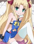  astarotte_ygvar bare_shoulders blonde_hair fang green_eyes hair_ribbon haruyama_kazunori long_hair looking_at_viewer lotte_no_omocha! navel pointy_ears ribbon sitting smile solo thighhighs twintails very_long_hair white_legwear 