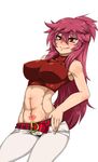  1girl :p abs blush breasts dancouga_nova denim erect_nipples hand_on_hip heart hidaka_aoi highres hips jeans juusou_kikou_dancouga_nova kitsune-tsuki_(getter) large_breasts lipstick long_hair makeup midriff navel navel_piercing pants piercing pink_hair red_eyes shirt sleeveless tattoo tight_pants tight_shirt tongue tongue_out 