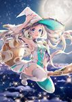  arm_up armpits blonde_hair boots braid breasts broom broom_riding flying full_body full_moon hand_on_headwear hat high_heels long_hair medium_breasts mirunai moon night open_mouth original outdoors purple_eyes solo sparkle star_(sky) thigh_boots thighhighs very_long_hair white_legwear witch_hat 