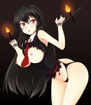  1girl akame akame_ga_kill! artist_request ass bare_legs bare_shoulders black_hair black_panties blush breasts chains cuffs eruthika fire handcuffs huge_ass large_breasts long_hair looking_at_viewer necktie nipples open_mouth panties prisoner red_eyes restrained room shackles solo tie torch torn_clothes underwear 