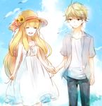  1girl aldnoah.zero asseylum_vers_allusia bare_shoulders bird blonde_hair blue_shirt blue_sky closed_eyes day denim dress flower green_eyes hat hat_flower hat_ribbon holding_hands jeans looking_at_another open_clothes open_shirt pants ribbon seagull shirt silver_hair sky slaine_troyard smile straw_hat sun_hat sundress sunflower t0day8 white_dress 