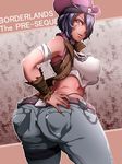  ass bare_shoulders belt borderlands borderlands_the_presequel breasts copyright_name dark_skin denim english hair_over_one_eye hat jeans kanta_(x-tei) large_breasts nisha pants purple_hair short_hair solo tan twisted_torso yellow_eyes 