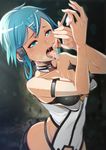  bare_shoulders blue_eyes blue_hair breasts choker collarbone condom covered_nipples cowboy_shot cum cum_in_mouth cum_on_tongue cumdrip gokkun hair_ornament hairclip highres mappaninatta nipples open_mouth short_hair sinon small_breasts solo sweat sword_art_online tongue tongue_out used_condom 