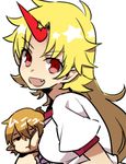  blonde_hair breast_smother breasts cheek_press fang horn hoshiguma_yuugi large_breasts long_hair mizuhashi_parsee multiple_girls open_mouth puffy_short_sleeves puffy_sleeves red_eyes short_sleeves six_(fnrptal1010) smile touhou 