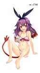  bra character_request copyright_request highres korean looking_at_viewer panties piratarum polka_dot polka_dot_bra polka_dot_panties purple_hair red_eyes signature solo translated underwear underwear_only white_background 