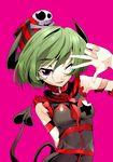  ;d arms_behind_back green_hair hair_ornament highres horns looking_at_viewer naitou_ryuu one_eye_closed open_mouth original pose red_eyes short_hair simple_background skull_hair_ornament smile solo tail 