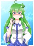  alcohol beer beer_can blouse blue_eyes breasts can detached_sleeves drunk frog_hair_ornament green_hair hair_ornament hair_tubes hand_on_hip highres houkiboshi kochiya_sanae large_breasts long_hair skirt smile snake_hair_ornament solo touhou 