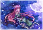  ahoge androgynous bracelet choker dress facepaint feathers full_moon hair_feathers in_tree jewelry light_smile long_hair masobe_(masbe) moon necklace off-shoulder_dress off_shoulder orange_eyes petals popoi red_hair ring sandals seiken_densetsu seiken_densetsu_2 sitting sitting_in_tree solo tree very_long_hair 