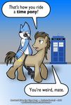  2011 ? avian beak bird blue_eyes blue_feathers blue_jay brown_fur brown_hair brown_tail cutie_mark doctor_whooves_(mlp) equine friendship_is_magic fur hair hooves horse mammal mordecai my_little_pony open_mouth pony regular_show tardis tongue what 