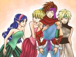  3girls arm_hug bare_shoulders blonde_hair blue_eyes blue_hair earrings harem harem_pants headband high_ponytail jewelry krissie long_hair multiple_girls nayutoshi pants phanna pointy_ears primm randi scarf seiken_densetsu seiken_densetsu_2 short_hair smile striped stud_earrings vambraces vertical_stripes 