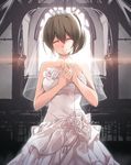  alternate_costume bad_id bad_pixiv_id bare_shoulders brown_hair church closed_eyes collarbone crying dress facing_viewer highres jewelry kaga_(kantai_collection) kantai_collection lens_flare nanaku_teiru ring short_hair side_ponytail smile solo wedding_band wedding_dress 