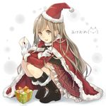 :d box brown_eyes brown_hair cape gift gift_box hat holding letter long_hair looking_at_viewer open_mouth original plaid plaid_skirt santa_costume santa_hat skirt smile solo squatting translation_request yunomachi 