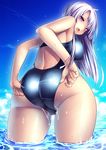  :o adjusting_clothes adjusting_swimsuit ass blush breasts cloud covered_nipples day fang from_behind from_below large_breasts long_hair looking_back one-piece_swimsuit open_mouth original purple_eyes purple_hair sky solo swimsuit thighs tsukumiya_amane wading water wet 
