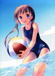  :d absurdres ball beachball blue_eyes blue_sky brown_hair cloud day highres leaning_forward looking_at_viewer one-piece_swimsuit open_mouth original outdoors partially_underwater_shot school_swimsuit sky smile solo swimsuit takoyaki_(roast) twintails wading water water_surface 